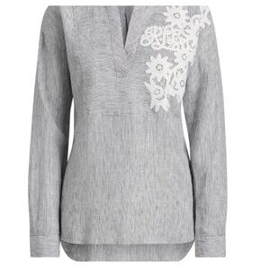 Ralph Lauren Gray Striped V-Neck Tunic with White Lace Applique